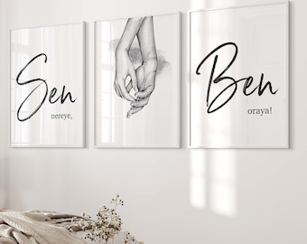 Printable love poster set, print at home, Turkish poster set, digital file, printable PDF file, couple prints