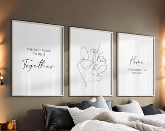 Bedroom Poster Set One Line, Wedding Gift, Couple One Line Drawing & Typography Wall Decor, Love Quotes Bedroom Decor