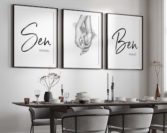 Personalized 3-poster set Sen Nereye Ben Oraya, wedding gift, couple decoration, bedroom wall art, love pictures wedding gift