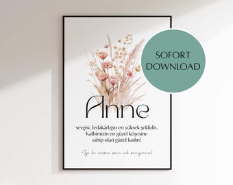 Print at home for Mother's Day, gift download file for Anne, Turkish gifts Anneler Günü PDF print file