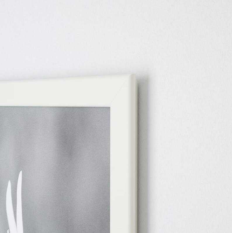 May include: A white picture frame with a gray and white image inside. The frame is on a white wall.