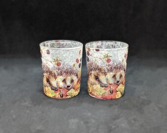 Set of decoupage glass tealights holders with a Hedgehog design