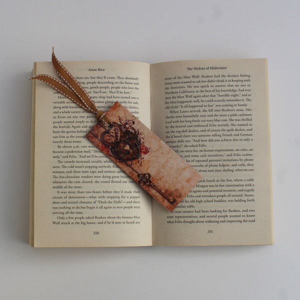 Heart with a key themed wooden decoupage bookmark