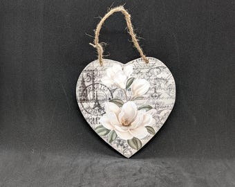 Handcrafted, decoupage, beige heart shaped wall hanging with Magnolia flowers