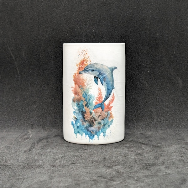 Decoupage, ceramic tooth brush holder-Tumbler with images of a Dolphin