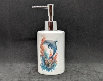 Decoupage ceramic soap dispenser holder with images of a Dolphin