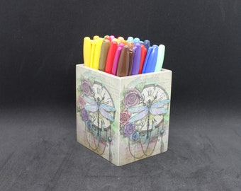 Handmade, decoupage, purple dragonfly and clock pen holder