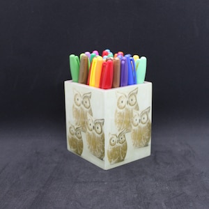 Handmade decoupage Owl themed pen holder - desk tidy