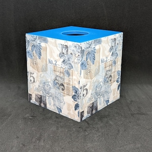 Handmade, decoupage, blue, beige, black and white pattern wooden tissue box cover