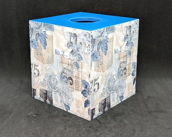 Couvercle de boîte de mouchoirs en bois fait main, découpage, bleu, beige, noir et blanc