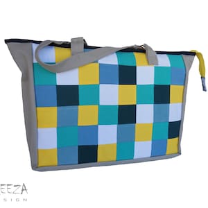 Big denim patchwork shoulder bag, beige, eco friendly, upcycled