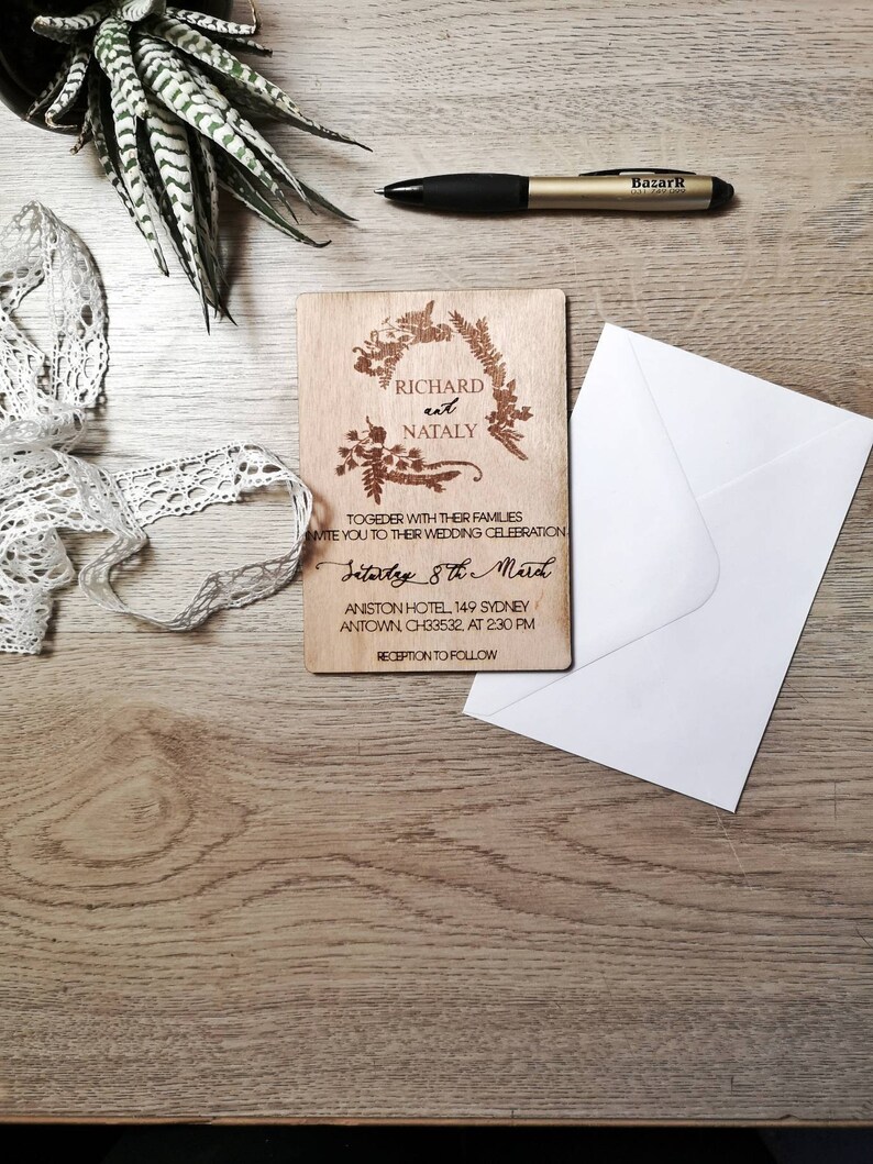 Wooden Wedding Invitation Rustic Style Wedding Laser Engraved Etsy