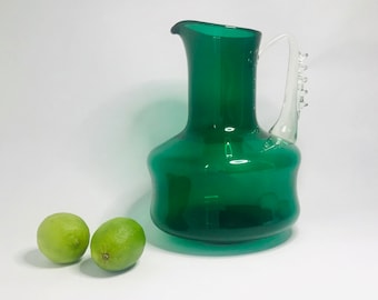 Green Glass Jug With Knobbly Handle Art Glass Water Pitcher Etsy