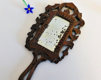 Antique Hand Mirror, Wooden Hand Held Mirror, Carved Wooden Mirror, Antique Mirror, Bevelled Glass Mirror, Gift for Her, Gift for Mum