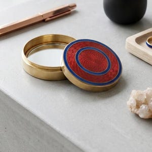 Vintage Miniature Enamel Compact Box | .5” Tiny Red & Blue Brass Trinket Pill Box | Vanity Decor | Mirror | Guilloche Style | Gift