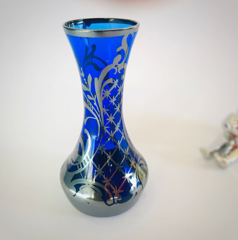 Vintage Silver overlay Cobalt Blue Glass Bud Vase Etsy