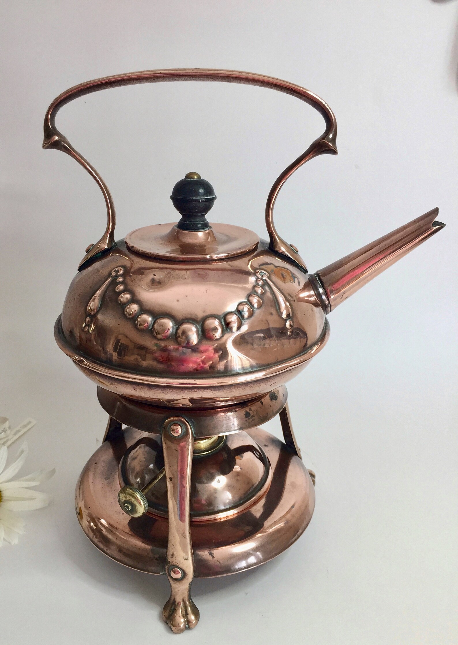 Antique Copper Teapot stand and warmer Beautiful Decorated Etsy