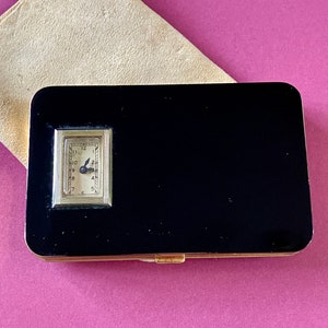 Art Deco Compact, Ladies Black Enamel Watch Compact, Evan’s USA compact, 1930s Compact, antique Compact, Clock Compact