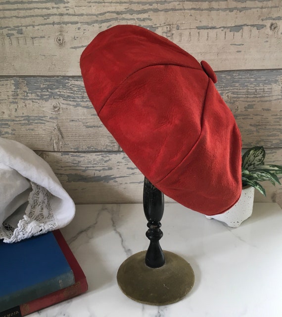 Red Beret Hat, 1960s/1970s, Suede & Satin Red Hat… - image 1