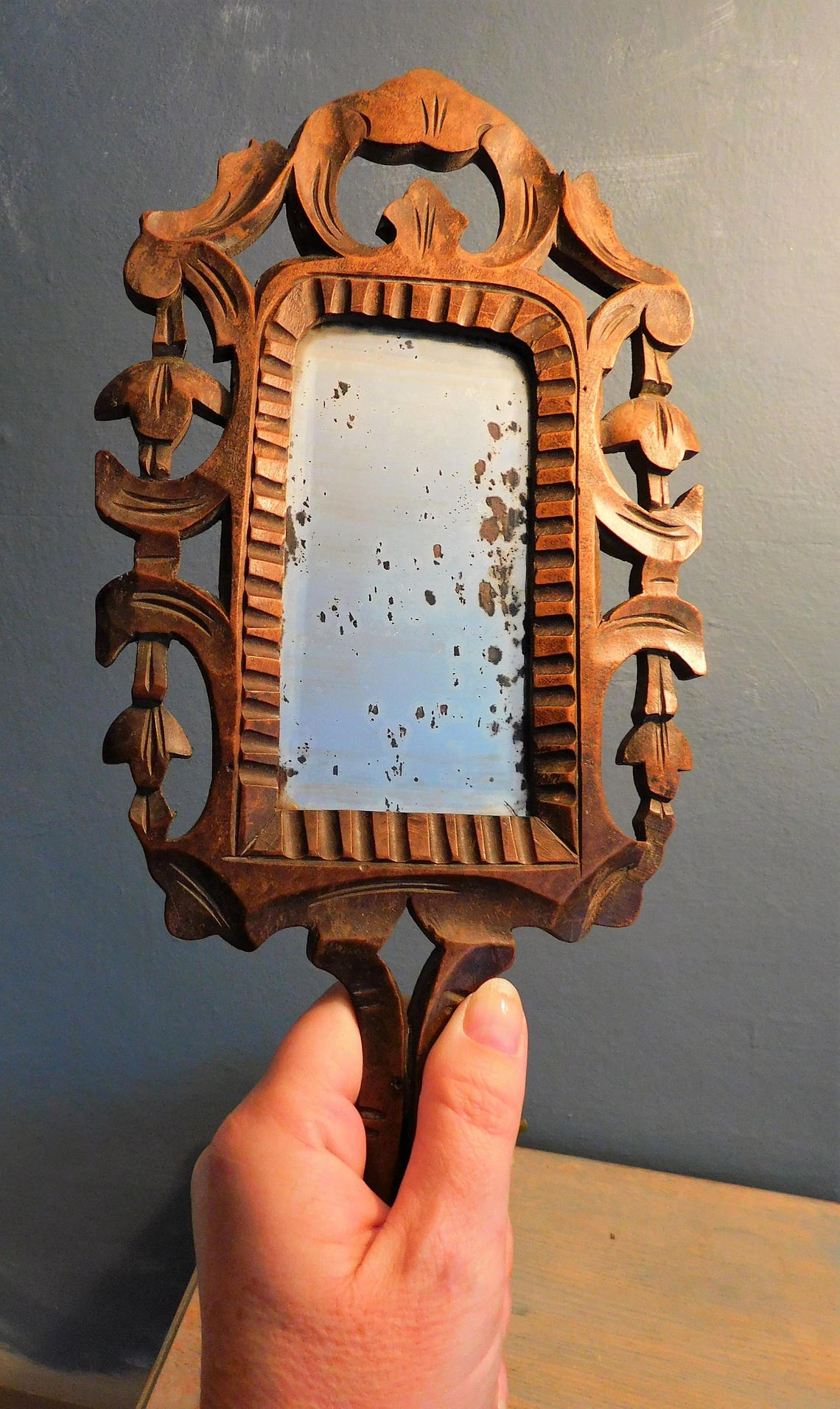Antique Hand Mirror Wooden Hand Held Mirror Carved Wooden Etsy