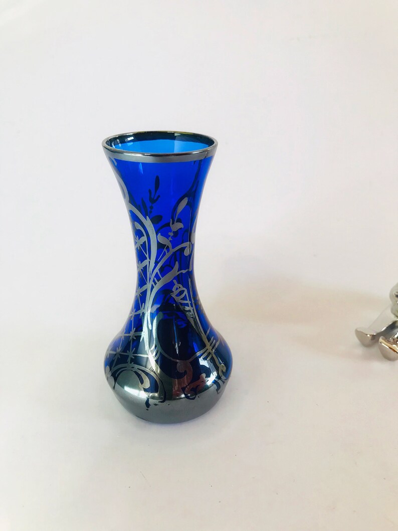 Vintage Silver overlay Cobalt Blue Glass Bud Vase Etsy