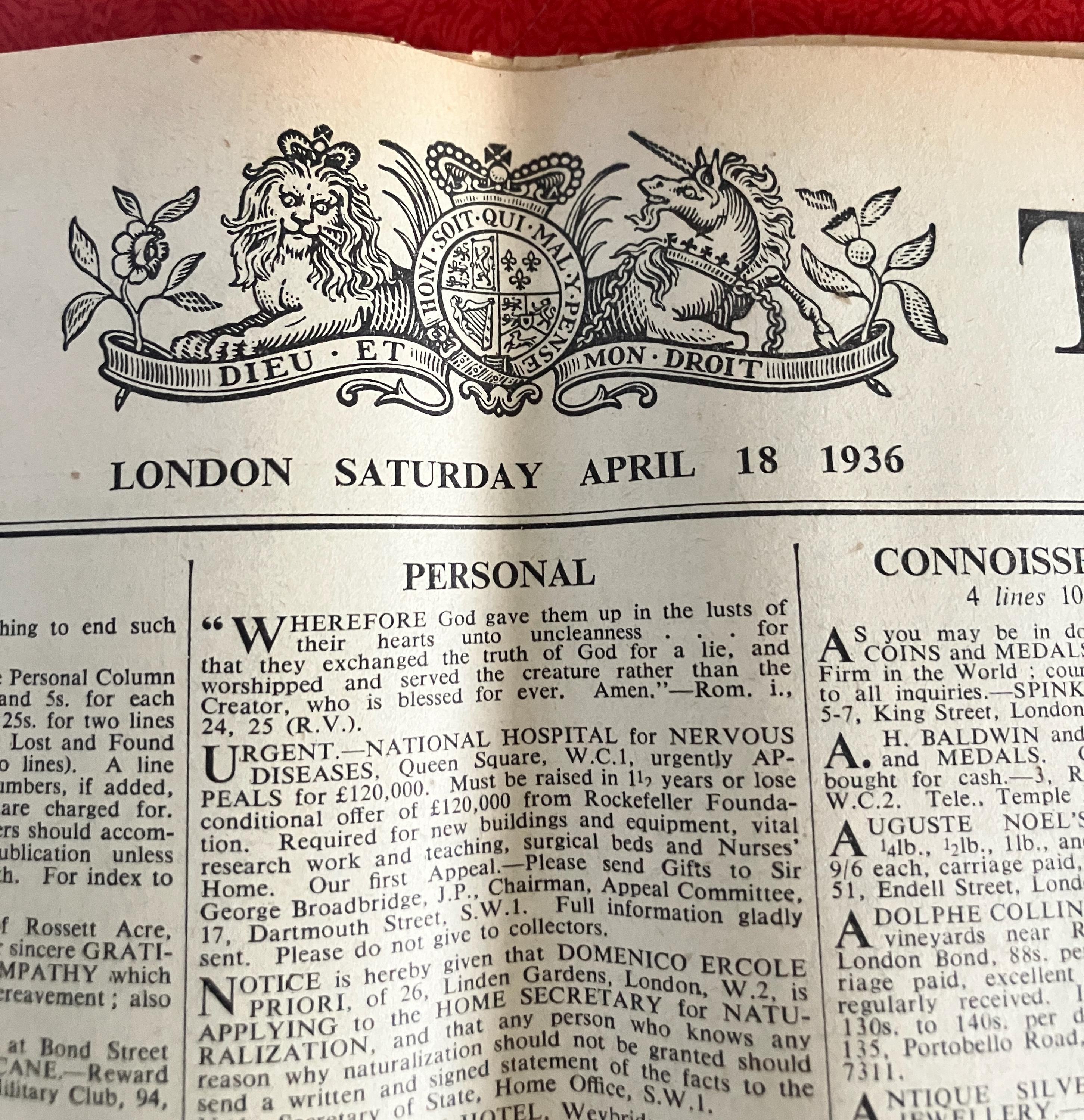 サマーセール◆ 大型 古書 [ THE TIMES LONDON ]1936年 Pre Vintage London Newspaper - Etsy