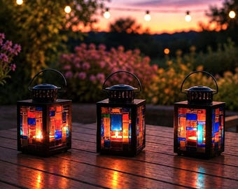 Small Stained Glass Style Mosaic Tealight Lantern with Stand - Colourful and Hand Painted