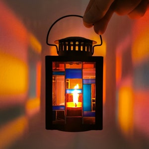 Stained Glass Style Mosaic Tealight Lantern with Stand - Colourful and Hand Painted