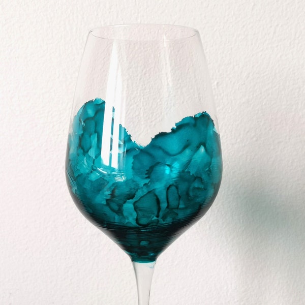 Stemmed Wine Glass - Teal, Cyan and Black Alcohol Inks - Hand Painted Medium Size