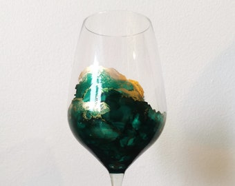 Stemmed Wine Glass - Rainforest Green and Gold Alcohol Inks - Hand Painted Medium Size