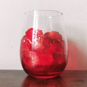 360ml Stemless Hand Painted Wine Glass - Vibrant Red and Gold