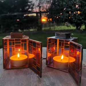 Limited Edition - Stained Glass Style Tealight Lantern with Stand - Rustic and Hand Painted