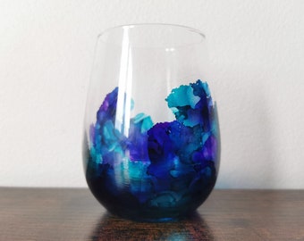 Stemless Wine Glass - Violet Purple, Teal and Sapphire Blue Alcohol Inks