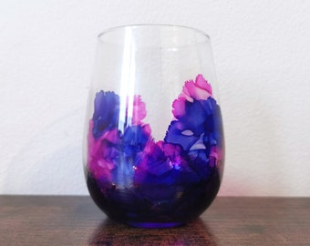 Stemless Wine Glass - Magenta Pink, Violet Purple and Sapphire Blue Alcohol Inks