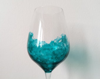 Stemmed Wine Glass - Teal Alcohol Inks - Hand Painted Medium Size