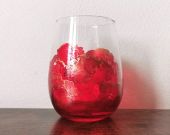 Stemless Wine Glass - Vibrant Red and Gold Alcohol Inks