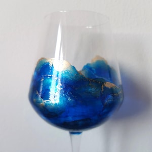 Large Hand Painted Stemmed Wine Glass - Sapphire Blue and Gold