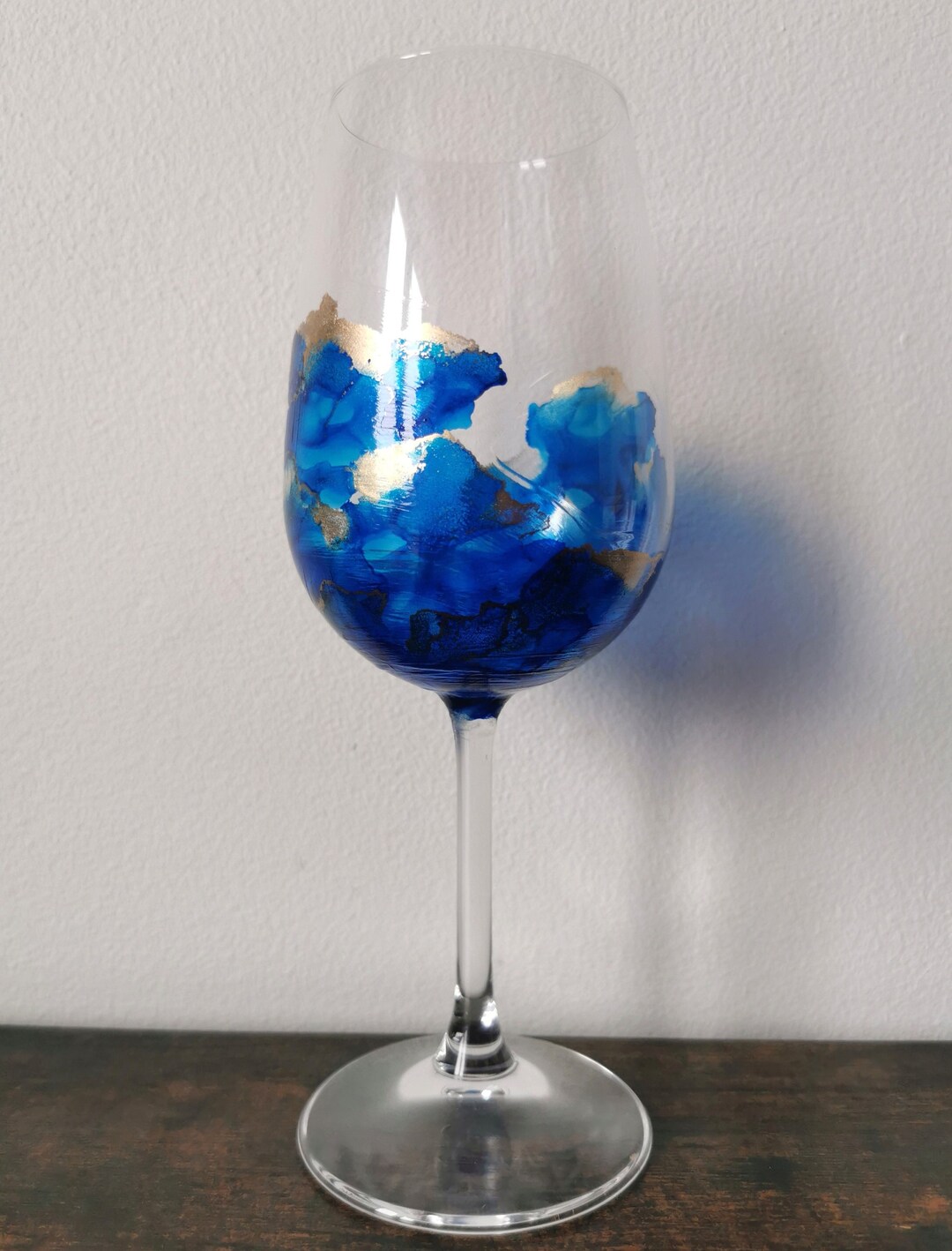 Large Hand Painted Stemmed Wine Glass Sapphire Blue and Gold Alcohol