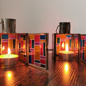 Limited Edition - Mini Stained Glass Style Tealight Lantern with Stand - Rustic and Hand Painted