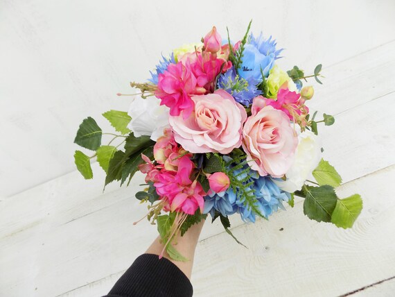 Printemps été Boho Bouquet De Mariée Fleurs Artificielles En Soie Ivoire Vintage Rose Bleu Anis Mariage Rustique Prairie Wildflower Anémone Pivoine