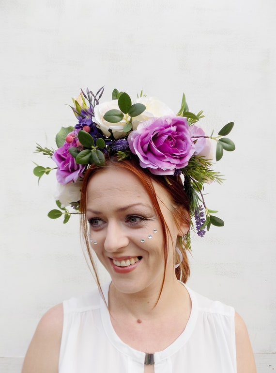 Boho Flower Crown Purple Bridal Hair Accessories Wedding Etsy