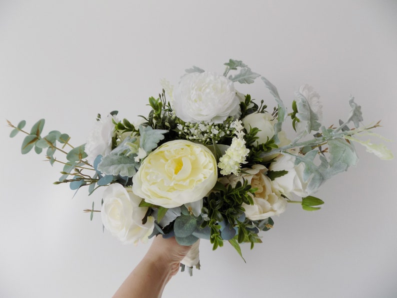 Boho bridal bouquet woodland bouquet artificial silk flowers eucalyptus off white ivory cream rustic wedding cascaade cascading bouquet