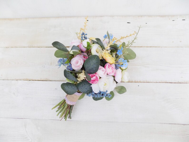 Wildflower bridal bouquet package artificial silk flowers white yellow pink blue rustic boho wedding woodland meadow Spring Summer