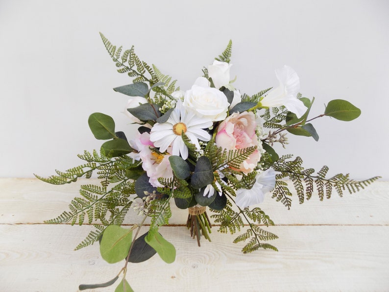 Boho blush bridal bouquet bridesmaid bouquet package silk wedding flowers white peach rustic cascade cascading bridal bouquet