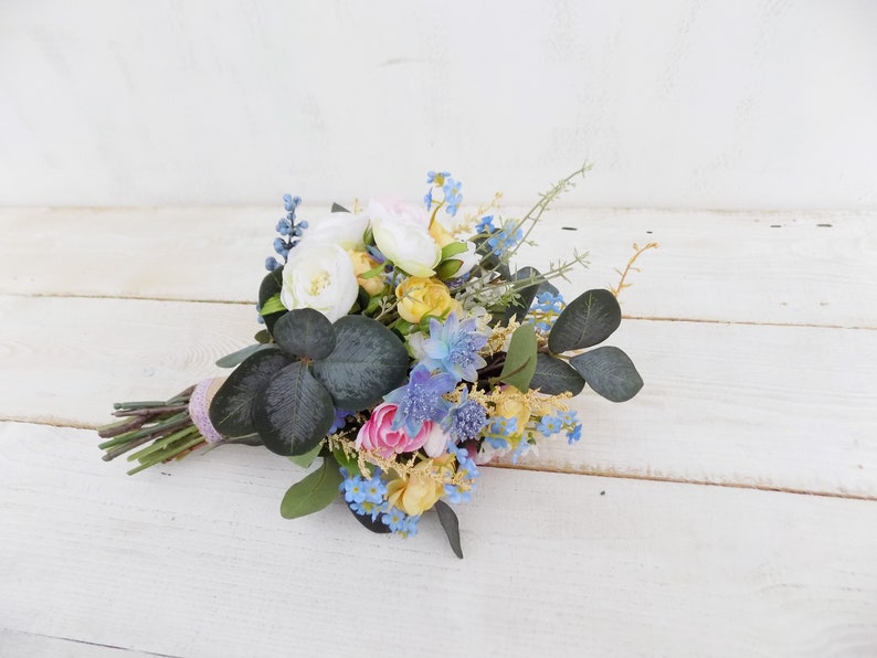 Wildflower bridal bouquet package artificial silk flowers white yellow pink blue rustic boho wedding woodland meadow Spring Summer