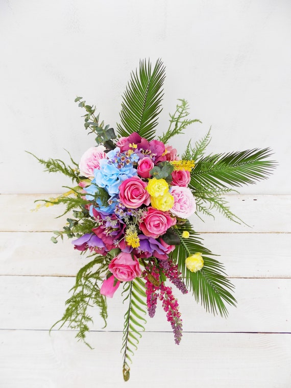 Bouquet Tropical Boho Woodland Bouquet Fleurs De Soie Artificielle Mariage Rustique Cascade Bleu Rose Bouquet De Mariée En Cascade