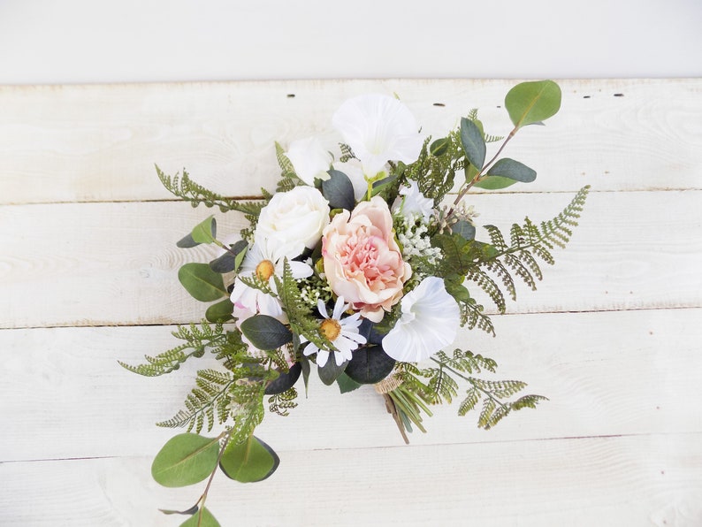 Boho blush bridal bouquet bridesmaid bouquet package silk wedding flowers white peach rustic cascade cascading bridal bouquet