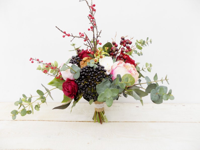 Boho bridal bouquet bridesmaid bouquet peony rose eucalyptus artificial silk flowers wedding set package blush burgundy cascade bouquet