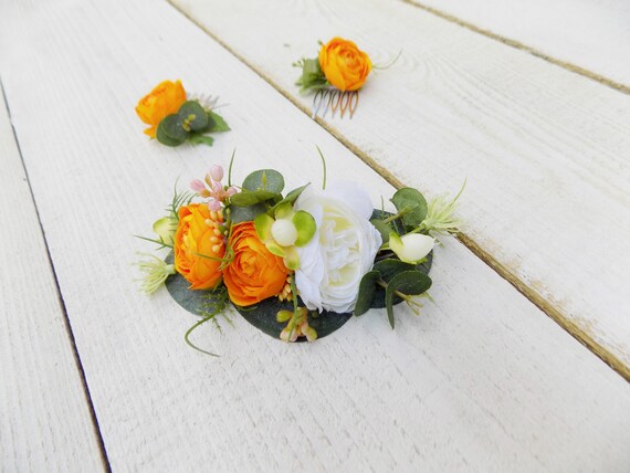 Bridal White Orange Hair Comb Hair Clip Set Boho Hair Etsy