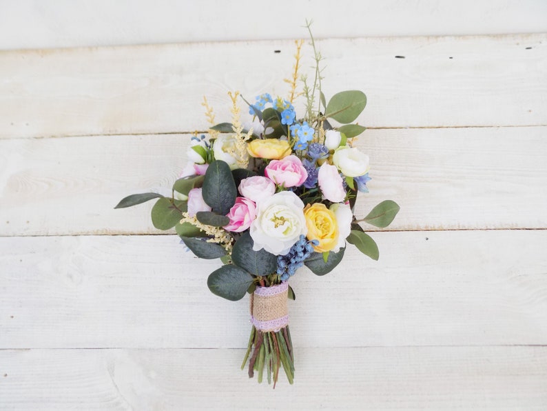 Wildflower bridal bouquet package artificial silk flowers white yellow pink blue rustic boho wedding woodland meadow Spring Summer